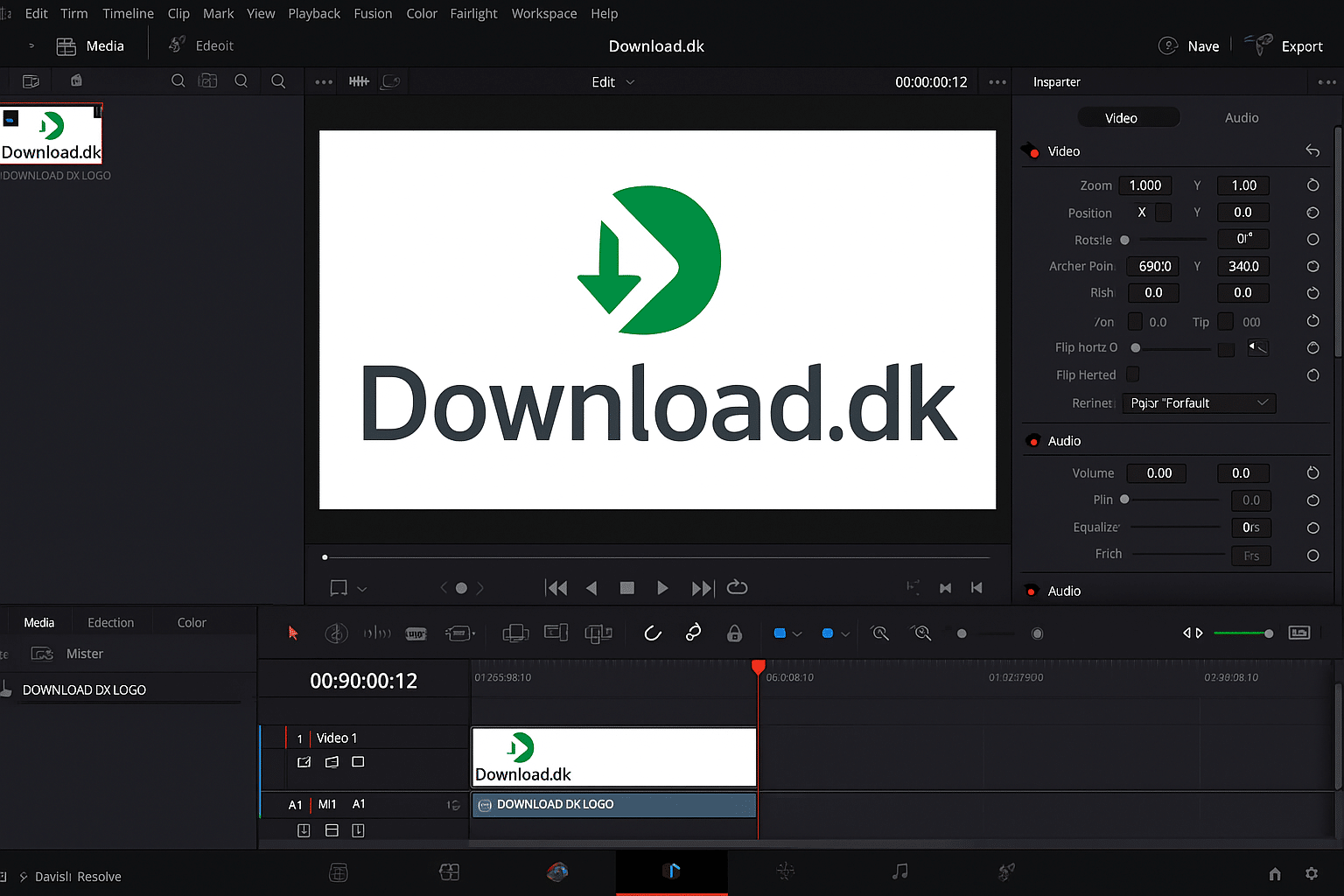 Skjermbilde av DaVinci Resolve, der et prosjekt med tittelen «Download.dk Promo Video» er åpent. I forhåndsvisningsvinduet sees Download.dk-logoen, og tidslinjen viser et klipp med logoet samt verktøy for redigering, farge og lyd i programgrensesnittet.