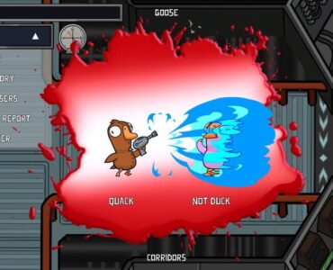 En and angriber en gæs med laser i spillet Goose Goose Duck – et kaotisk og sjovt øjeblik under en runde i spillets laboratoriebane.