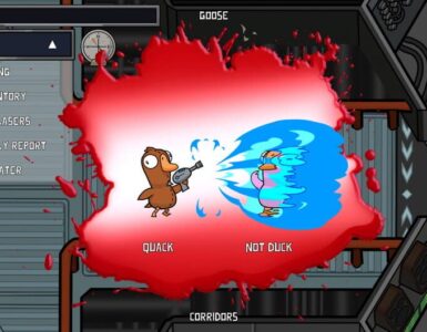 En and angriber en gæs med laser i spillet Goose Goose Duck – et kaotisk og sjovt øjeblik under en runde i spillets laboratoriebane.