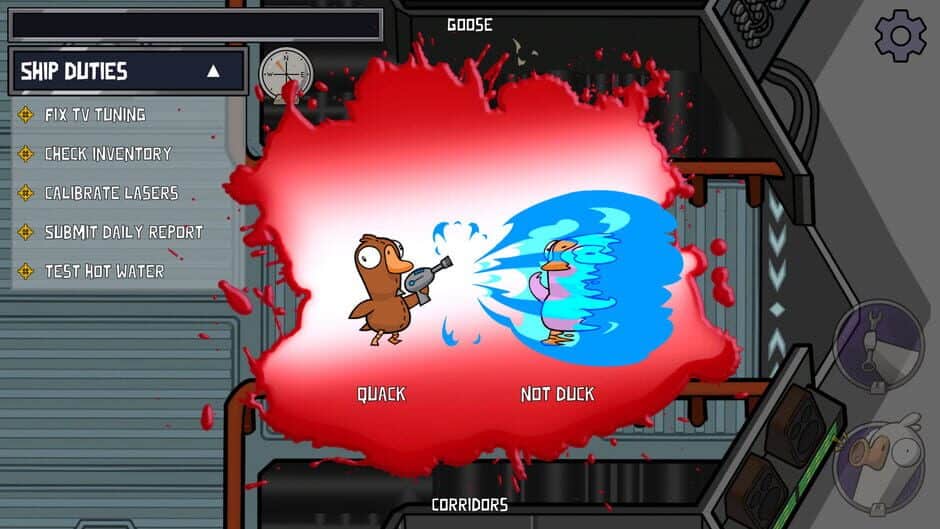 En and angriber en gæs med laser i spillet Goose Goose Duck – et kaotisk og sjovt øjeblik under en runde i spillets laboratoriebane.