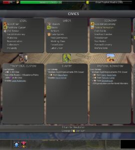 Skærmbillede fra Civilization IV: Realism Invictus, der viser spillets udvidede “Civics”-menu med nye styreformer, økonomiske systemer og religiøse valg. På billedet ses blandt andet civics som Confederation, Traditional Custom, Slavery, Pastoral Nomadism og Pacifism, der hver har unikke effekter og strategiske fordele.