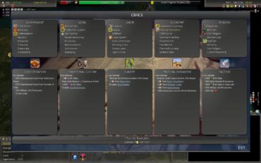 Skærmbillede fra Civilization IV: Realism Invictus, der viser spillets udvidede “Civics”-menu med nye styreformer, økonomiske systemer og religiøse valg. På billedet ses blandt andet civics som Confederation, Traditional Custom, Slavery, Pastoral Nomadism og Pacifism, der hver har unikke effekter og strategiske fordele.