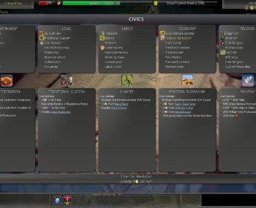 Skærmbillede fra Civilization IV: Realism Invictus, der viser spillets udvidede “Civics”-menu med nye styreformer, økonomiske systemer og religiøse valg. På billedet ses blandt andet civics som Confederation, Traditional Custom, Slavery, Pastoral Nomadism og Pacifism, der hver har unikke effekter og strategiske fordele.