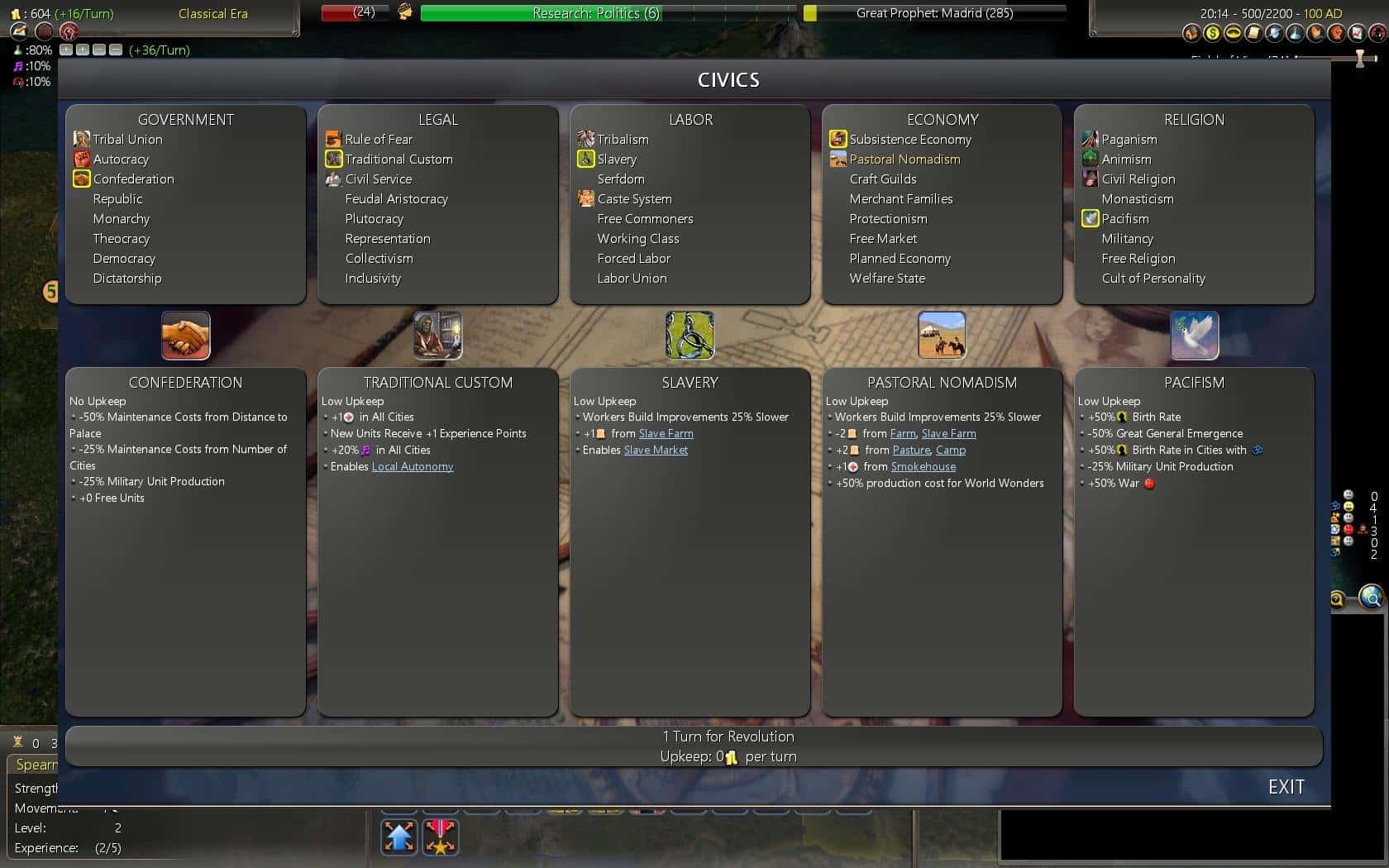 Skjermbilde fra Civilization IV: Realism Invictus, som viser spillets utvidede «Civics»-meny med nye styreformer, økonomiske systemer og religiøse valg. På bildet sees blant annet civics som Confederation, Traditional Custom, Slavery, Pastoral Nomadism og Pacifism, som hver har unike effekter og strategiske fordeler.