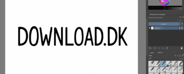 Interface fra Krita, hvor et hvidt lærred viser teksten “DOWNLOAD.DK”, omgivet af farvevælger, lagpanel og penselværktøjer i programmets mørke layout.