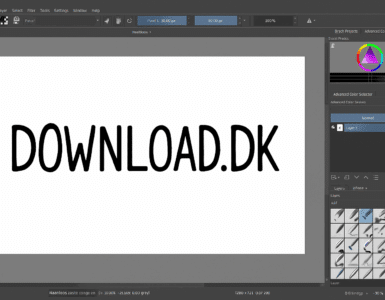 Interface fra Krita, hvor et hvidt lærred viser teksten “DOWNLOAD.DK”, omgivet af farvevælger, lagpanel og penselværktøjer i programmets mørke layout.