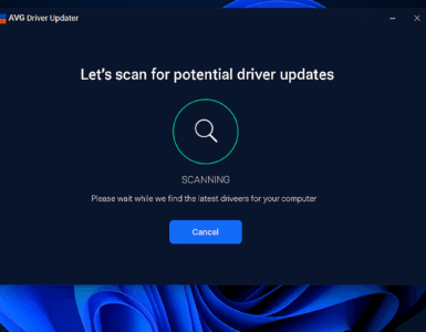 AVG Driver Updater kører på en Windows 11-computer og viser en scanning i gang for potentielle driveropdateringer. Hovedvinduet har mørk baggrund med hvid tekst og en grøn fremdriftscirkel, mens Windows 11-proceslinjen er synlig nederst på skærmen.
