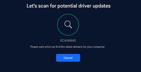 AVG Driver Updater kører på en Windows 11-computer og viser en scanning i gang for potentielle driveropdateringer. Hovedvinduet har mørk baggrund med hvid tekst og en grøn fremdriftscirkel, mens Windows 11-proceslinjen er synlig nederst på skærmen.