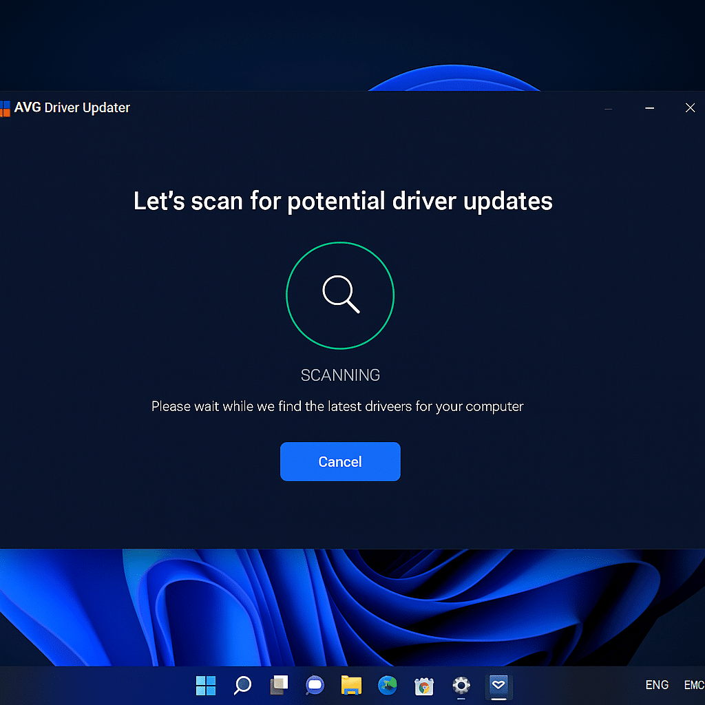 AVG Driver Updater kjører på en Windows 11-PC og viser en skanning i gang for potensielle driveroppdateringer. Hovedvinduet har mørk bakgrunn med hvit tekst og en grønn fremdriftssirkel, mens Windows 11-oppgavelinjen er synlig nederst på skjermen.