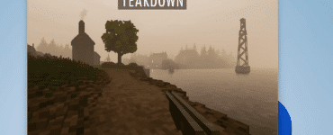 Screenshot fra vores test af Teardown på Windows 11, hvor spilleren udforsker et voxel-baseret landskab ved vandkanten med shotgun udstyret.
