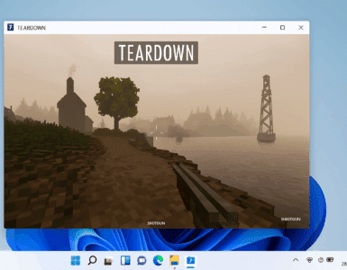 Screenshot fra vores test af Teardown på Windows 11, hvor spilleren udforsker et voxel-baseret landskab ved vandkanten med shotgun udstyret.