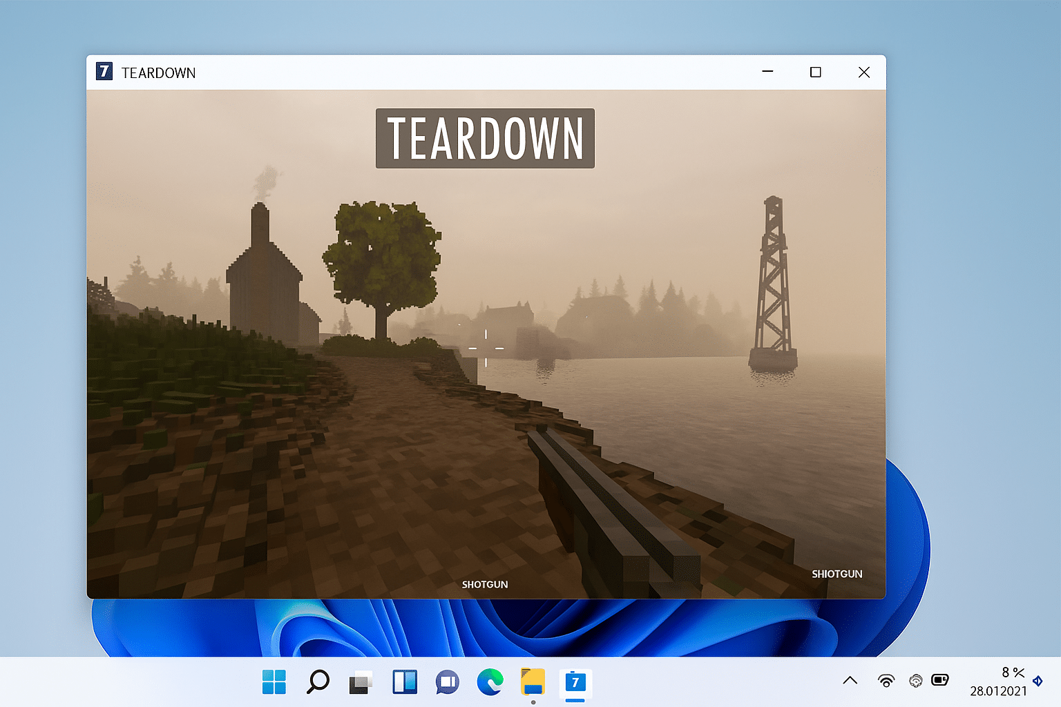 Skärmdump från vårt test av Teardown på Windows 11, där spelaren utforskar ett voxel-baserat landskap vid vattenkanten, utrustad med ett hagelgevär.