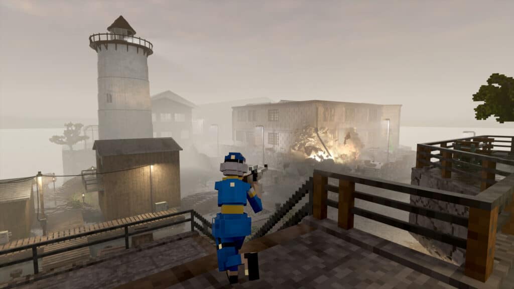 Gameplay-skärmdump från Teardown där en figur i blå uniform står på en terrass och skjuter mot en byggnad i en hamnmiljö, medan en explosion sliter loss murverket.