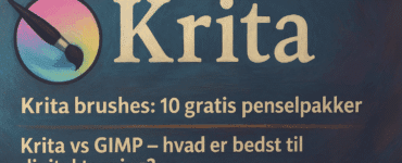 Digitalt banner med Kritas ikon og malede baggrundsstrøg i blå og lilla nuancer, som illustrerer temaerne Krita brushes og sammenligningen mellem Krita og GIMP.
