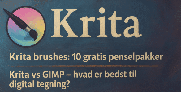 Digitalt banner med Kritas ikon og malede baggrundsstrøg i blå og lilla nuancer, som illustrerer temaerne Krita brushes og sammenligningen mellem Krita og GIMP.
