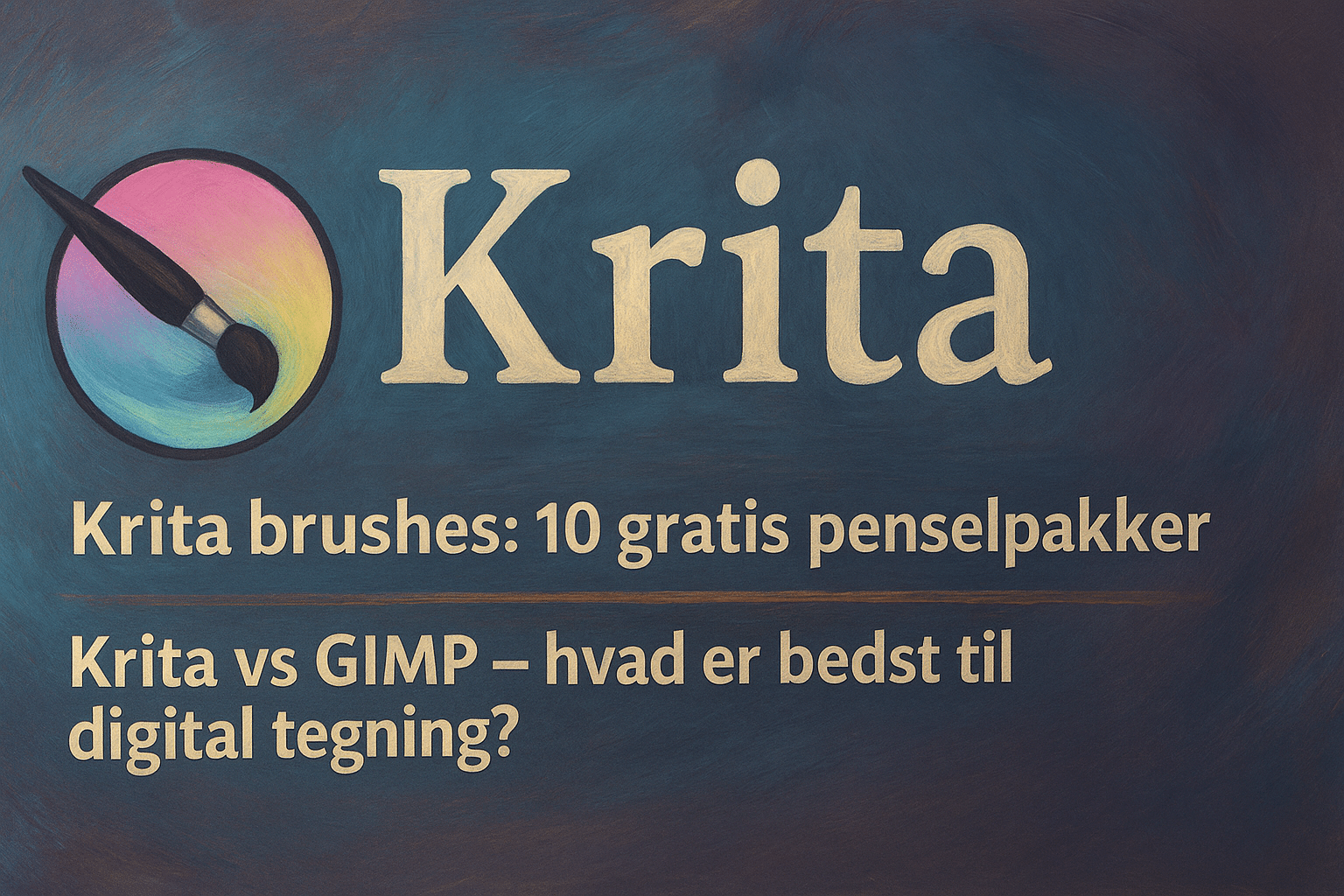 Digital banner med Kritas ikon och målade bakgrundsdrag i blå och lila nyanser som illustrerar temana Krita-penslar och jämförelsen mellan Krita och GIMP.