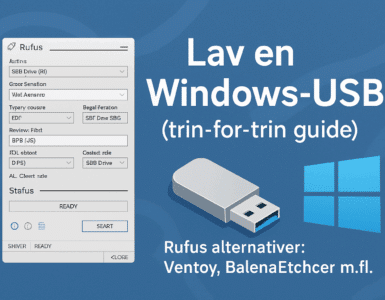 Grafisk illustration af en Windows-USB guide med Rufus-interface, USB-stick og Windows-logo på blå baggrund.