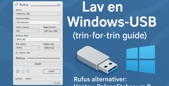 Grafisk illustration af en Windows-USB guide med Rufus-interface, USB-stick og Windows-logo på blå baggrund.