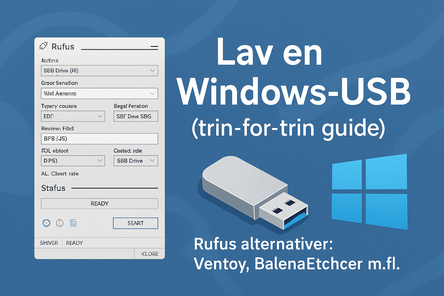 Grafisk illustration av en guide för Windows-USB med Rufus-gränssnitt, USB-minne och Windows-logotyp på blå bakgrund.