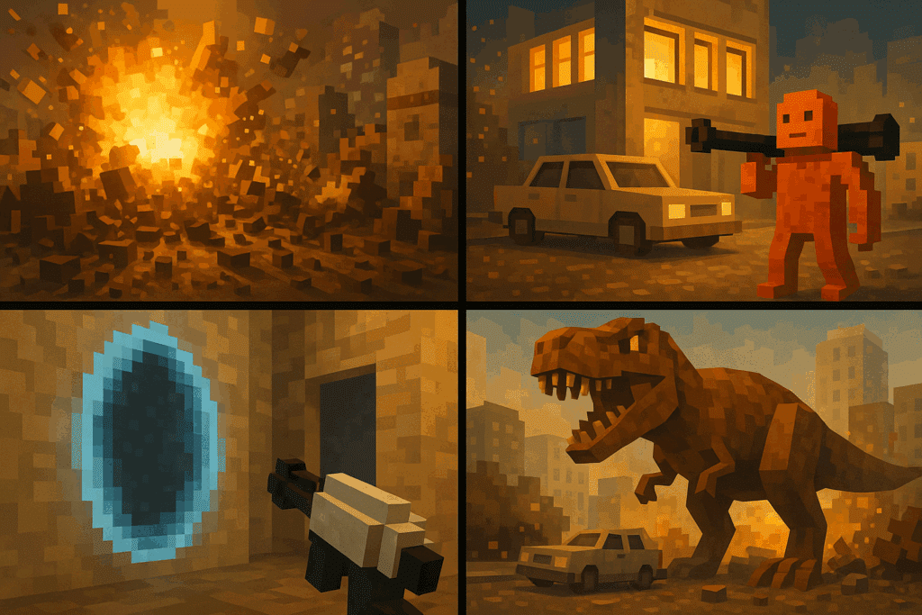teardown mods collage med voxel-eksplosion, portal, dinosaurus og våben i bymiljø