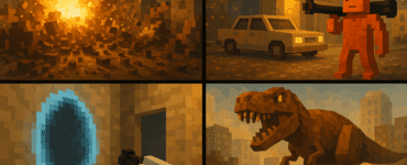 teardown mods collage med voxel-eksplosion, portal, dinosaurus og våben i bymiljø