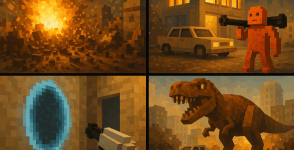 teardown mods collage med voxel-eksplosion, portal, dinosaurus og våben i bymiljø