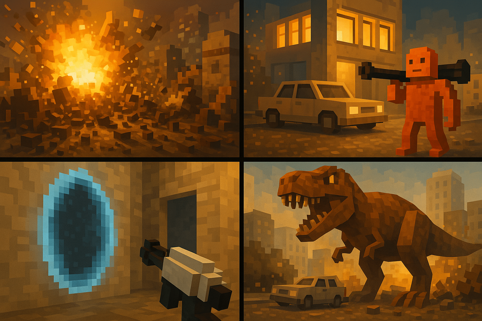 teardown-modit - kollaasi, jossa voxel-räjähdys, portaali, dinosaurus ja aseita kaupunkiympäristössä