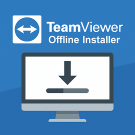 Blåt minimalistisk topbillede med computerillustration og download-ikon, der visuelt repræsenterer TeamViewer offline installering.