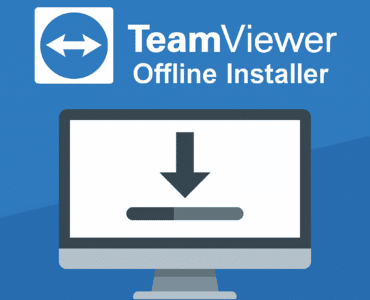 Blåt minimalistisk topbillede med computerillustration og download-ikon, der visuelt repræsenterer TeamViewer offline installering.