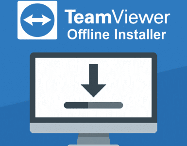Blåt minimalistisk topbillede med computerillustration og download-ikon, der visuelt repræsenterer TeamViewer offline installering.