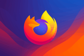 Abstrakt farverigt baggrundsbillede med Mozilla Firefox-logoet i midten, vist uden tekst i bredt format.