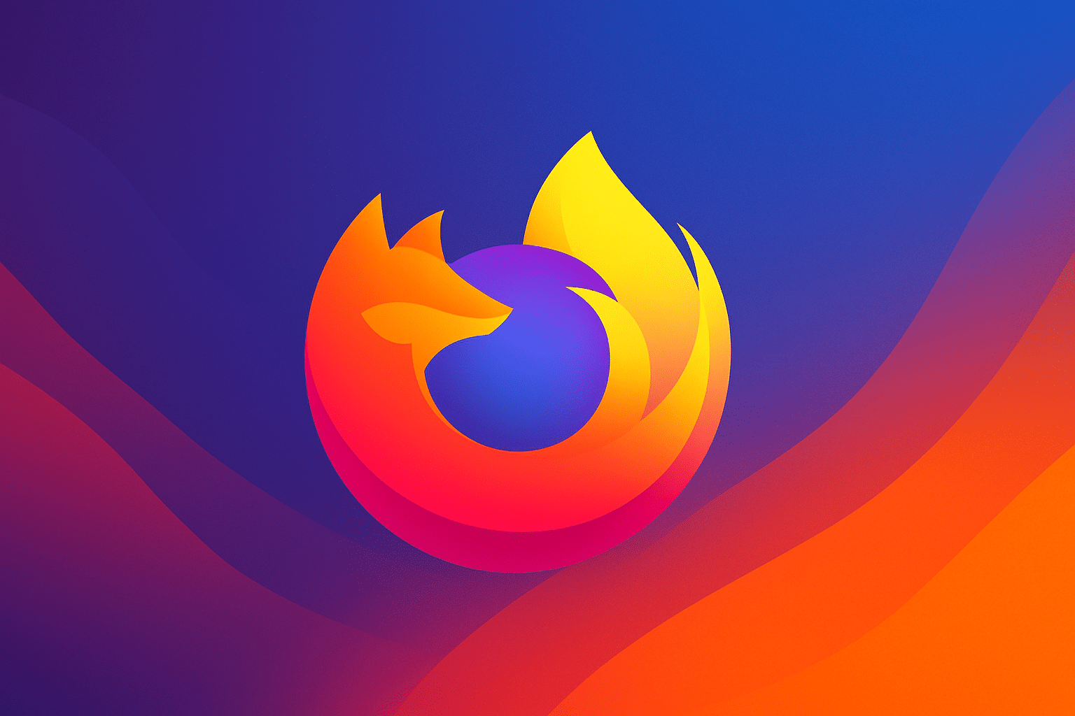 Abstrakt, fargerikt bakgrunnsbilde med Mozilla Firefox-logoen i midten, vist uten tekst i bredt format.