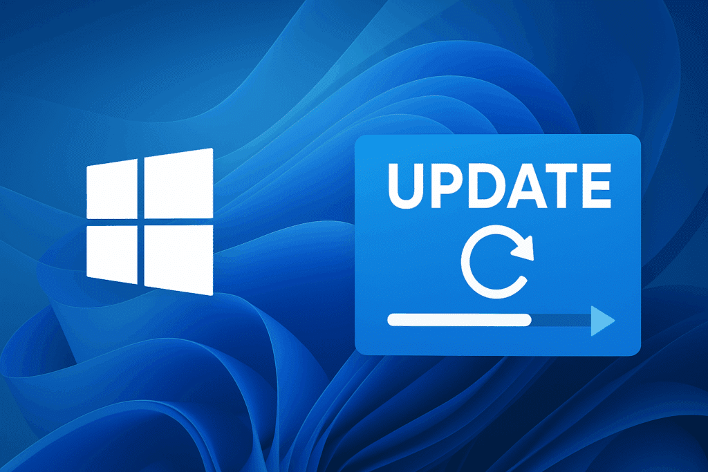 Illustration af Windows 11-opdatering med det hvide Windows-logo til venstre og et blåt opdateringsikon med fremgangsindikator til højre på en bølgende blå baggrund.