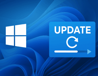 Illustration af Windows 11-opdatering med det hvide Windows-logo til venstre og et blåt opdateringsikon med fremgangsindikator til højre på en bølgende blå baggrund.