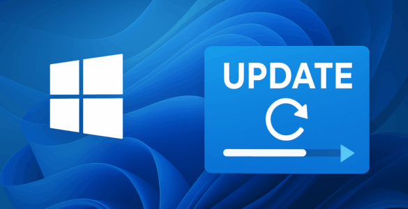 Illustration af Windows 11-opdatering med det hvide Windows-logo til venstre og et blåt opdateringsikon med fremgangsindikator til højre på en bølgende blå baggrund.