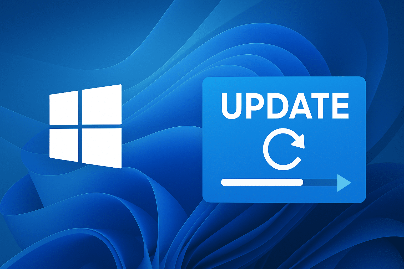 Kuva Windows 11 -päivityksestä: vasemmalla valkoinen Windows-logo ja oikealla sininen päivityskuvake etenemispalkilla aaltoilevalla sinisellä taustalla.