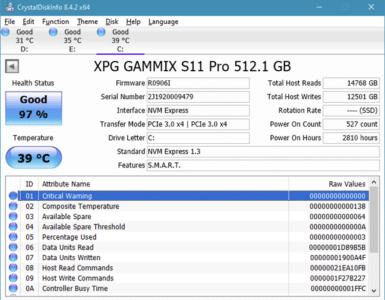Screenshot fra vores test af CrystalDiskInfo, der viser sundhedsstatus, temperatur og SMART-data for en NVMe-SSD i Windows 11.