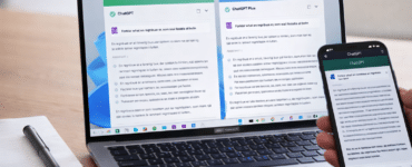 Test af ChatGPT gratis og ChatGPT Plus på bærbar computer og mobil, vist side om side i praksis.