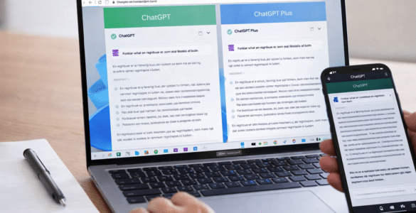 Test af ChatGPT gratis og ChatGPT Plus på bærbar computer og mobil, vist side om side i praksis.
