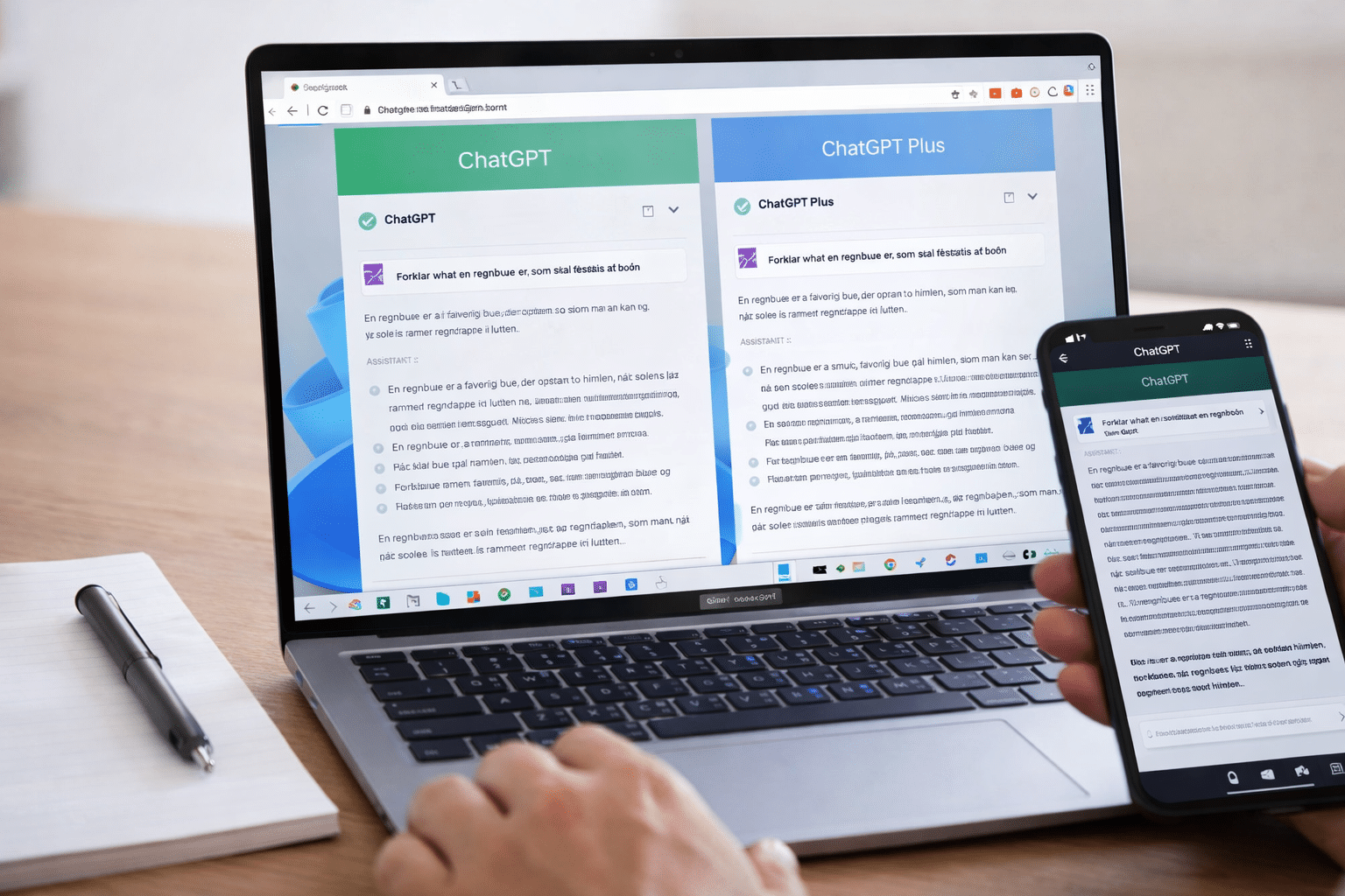Test of ChatGPT Free and ChatGPT Plus on a laptop and a phone, shown side by side in real use.