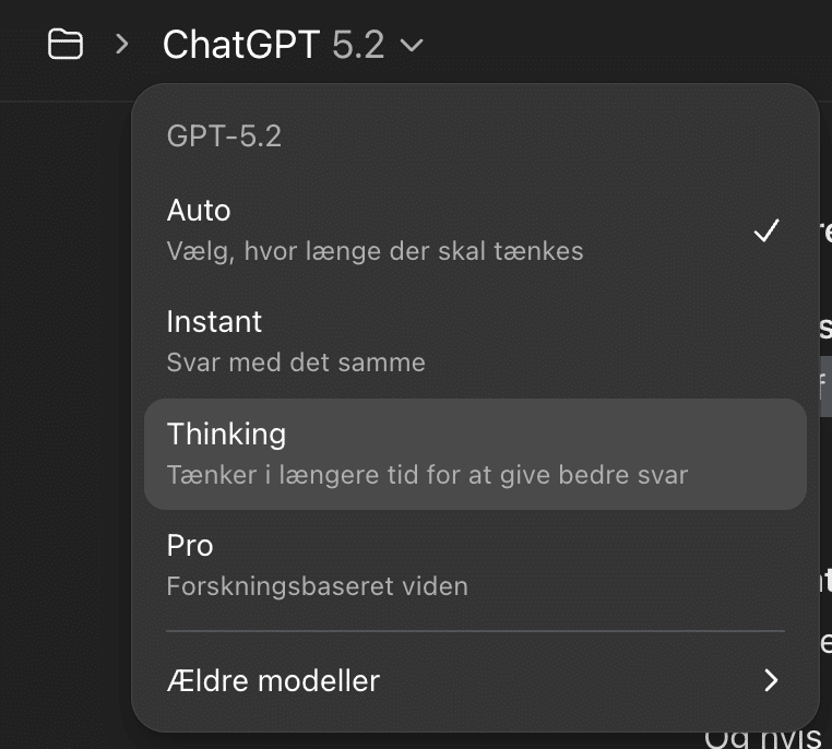 Valgmenu i ChatGPT med forskellige svartilstande som Auto, Instant, Thinking og Pro.
