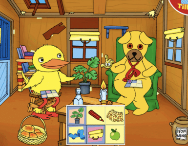 Bamse og Kylling sidder i Bamsegaden og løser en opgave i Bamse – Spil og Leg, omgivet af farverige genstande som planter, honningkrukke og brødkurv.