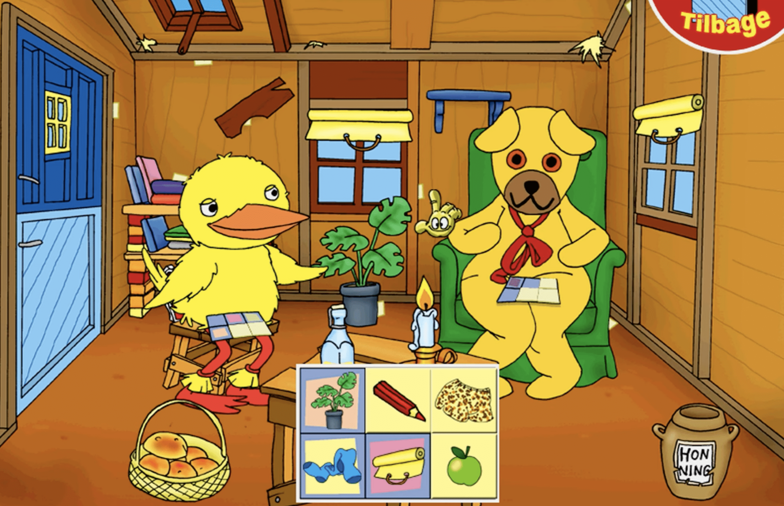 Bamse ja Kylling istuvat Bamsekadulla ja ratkaisevat tehtävää pelissä Bamse – Spil og Leg, ympärillään värikkäitä esineitä kuten kasveja, hunajapurkki ja leipäkori.