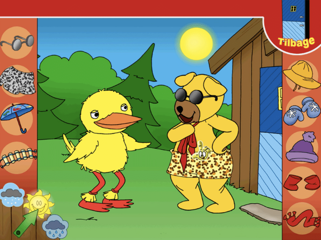 Bamse og Kylling klæder sig ud i minispillet fra Bamse – Spil og Leg, hvor spilleren kan vælge tøj og accessories i en farverig og sjov scene.