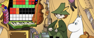 Skærmbillede fra Moomin 1.1, hvor Snorkfrøkenen og Snusmumrikken sidder i et telt foran et farvelægnings- og musikapparat i spillets kreative minispil.