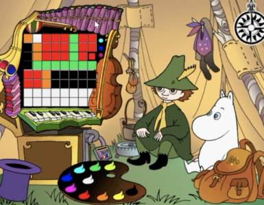 Skærmbillede fra Moomin 1.1, hvor Snorkfrøkenen og Snusmumrikken sidder i et telt foran et farvelægnings- og musikapparat i spillets kreative minispil.