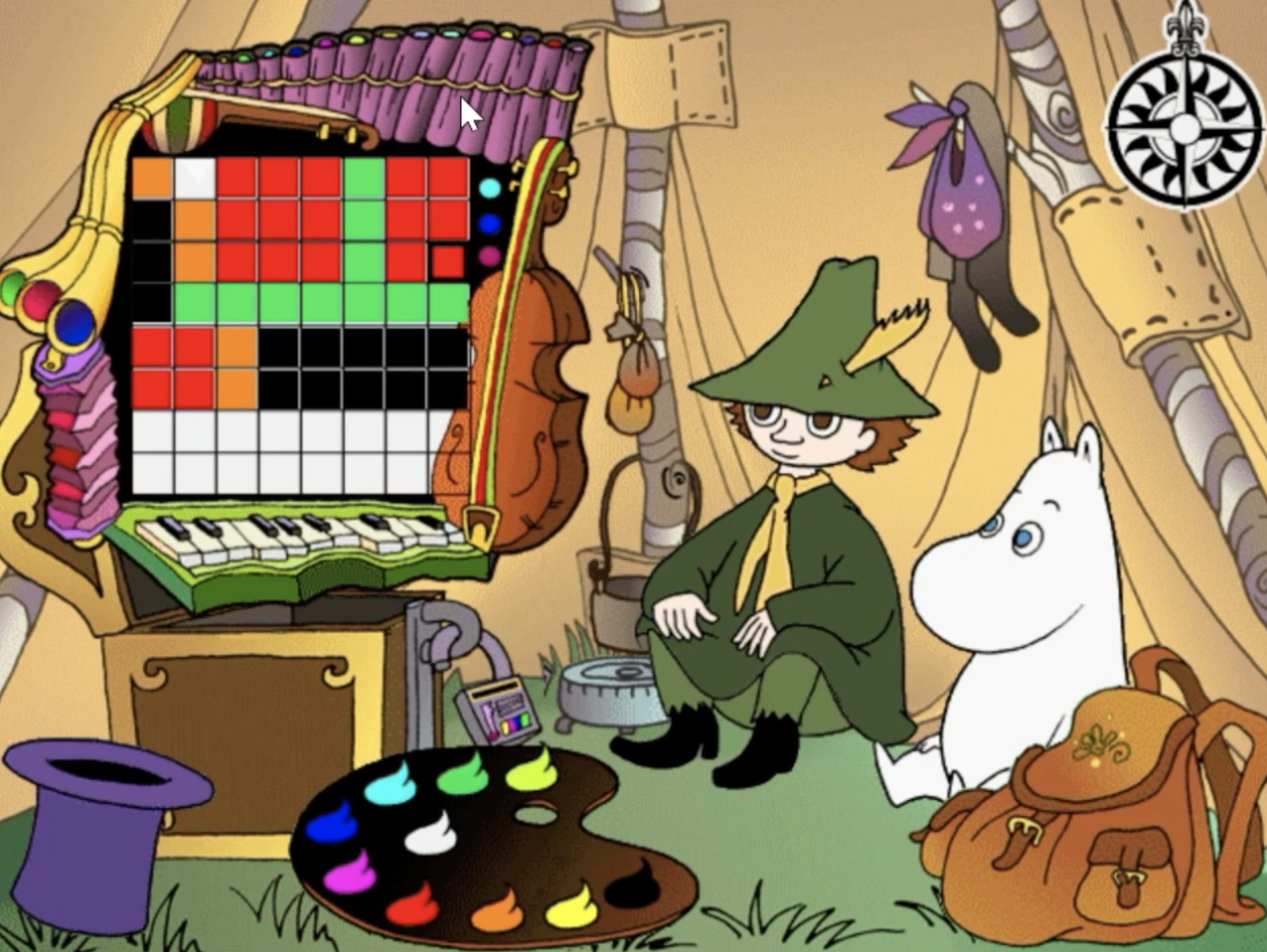 Kuvakaappaus Moomin 1.1:stä, jossa Niiskuneiti ja Nuuskamuikkunen istuvat teltassa värittämis- ja musiikkilaitteen edessä pelin luovassa minipelissä.