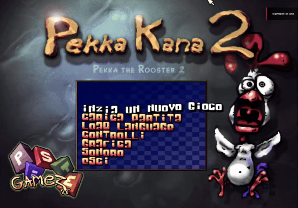 Pekka Kana 2 titelskærm med menuvalg og den karakteristiske tegneseriestil.