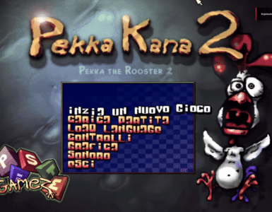 Pekka Kana 2 titelskærm med menuvalg og den karakteristiske tegneseriestil.