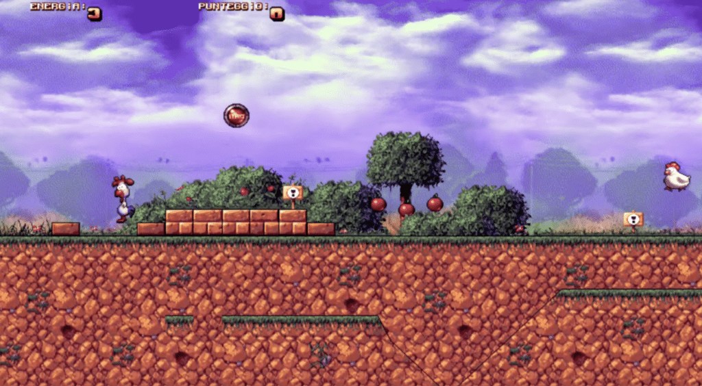 Pekka Kana 2-gameplay med hovedfiguren på en skogbane og instruksjonstekst på skjermen.